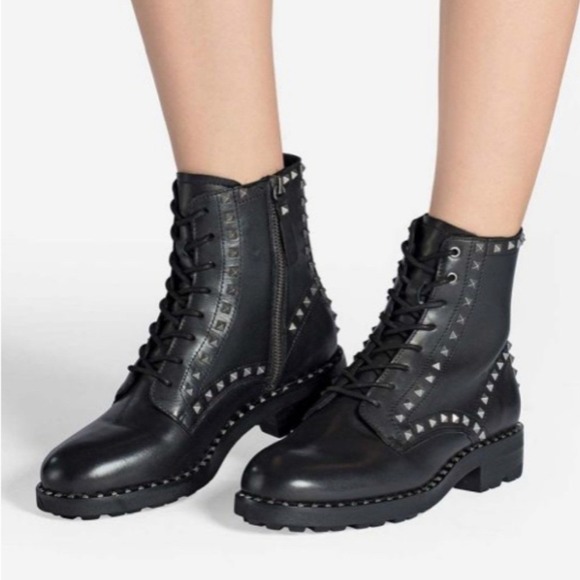 ASH Wolf Studded Leather Combat Boots size 5 / 35 Lace Up Punk Rock Moto Biker
